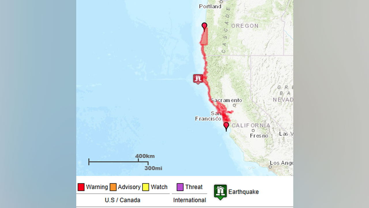 West coast tsunami warning map