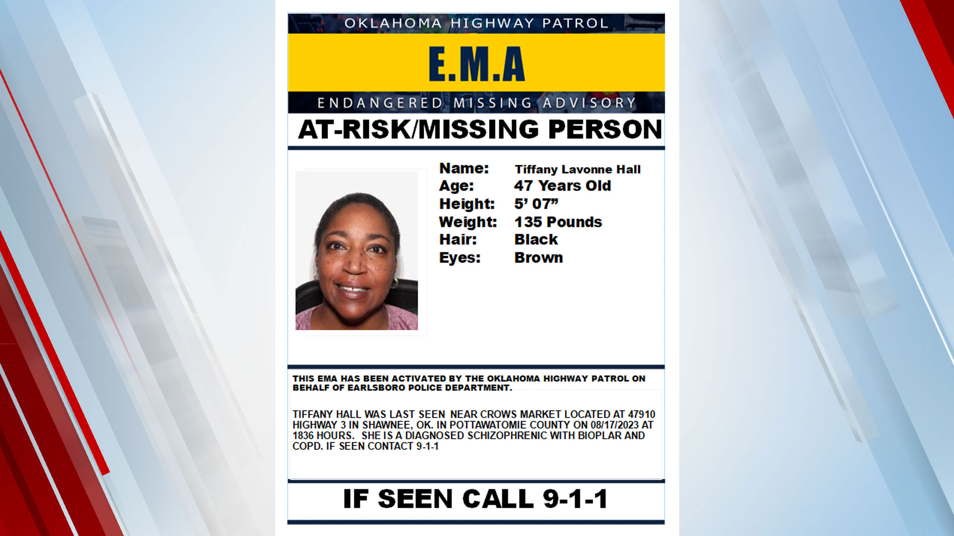 Endangered Missing Advisory Issued For 47YearOld Woman Last Seen In Earlsboro